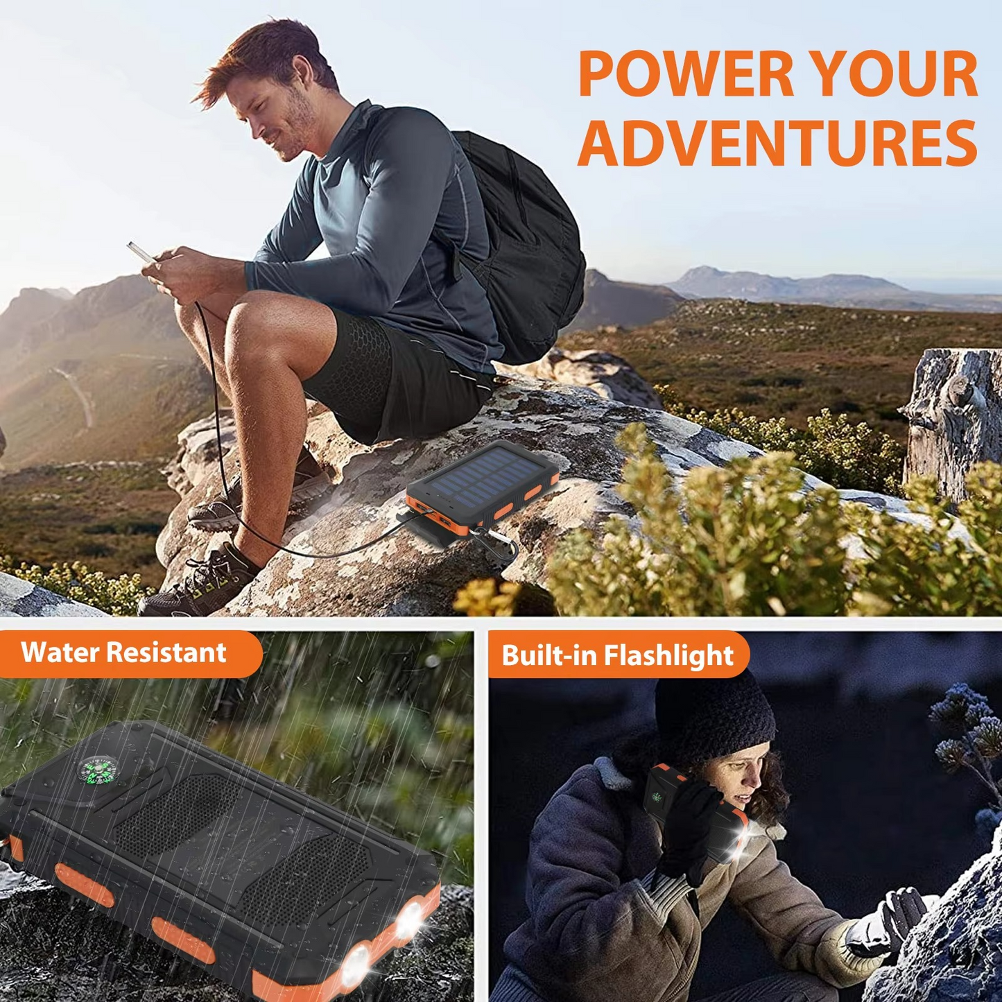 Portable Solar Power Bank with Dual USB and LED Flashlight