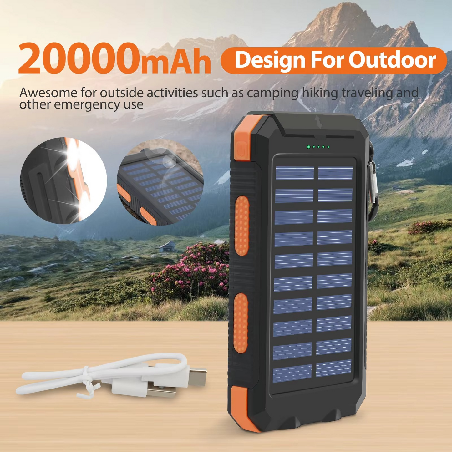Portable Solar Power Bank with Dual USB and LED Flashlight