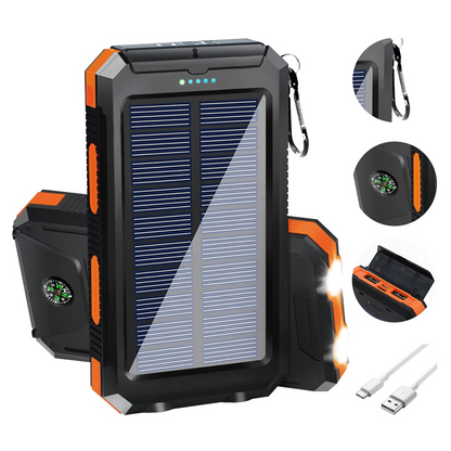 Portable Solar Power Bank with Dual USB and LED Flashlight